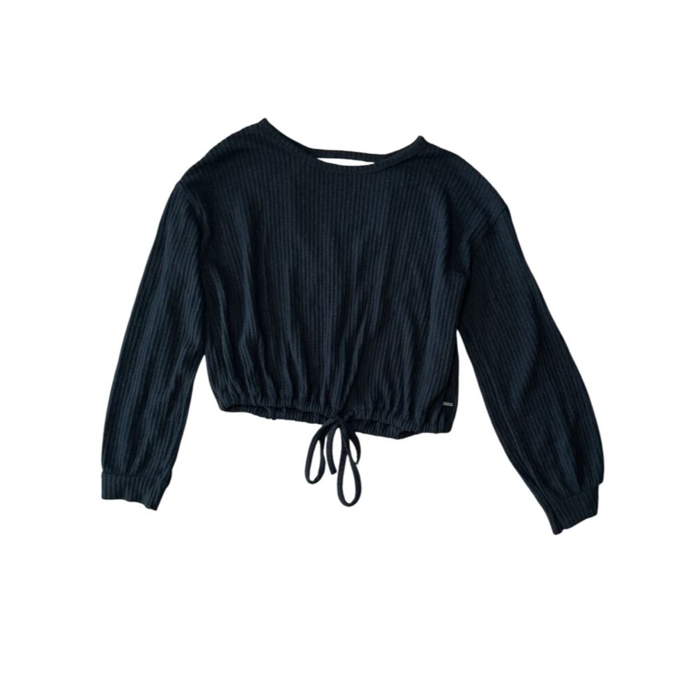 Hollister Ribbed Tie Front Cropped Long Sleeve Top Black XS